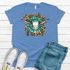 Western Steer Skull With Turquoise And Leopard Background, Premium Soft Tee Shirt, 2x, 3x, 4x, Plus Sizes Available