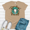 Western Steer Skull With Turquoise And Leopard Background, Premium Soft Tee Shirt, 2x, 3x, 4x, Plus Sizes Available