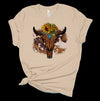 Western Skull With Sunflowers, Cow Hide Background, Premium Cotton Unisex Tee, Plus Size 2x, 3x, 4x, Plus Sizes Available