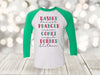 Christmas Reindeer, Dasher, Dancer, Prancer, Vixen, Comet, Cupid, Donner, Blitzen, Next Level Raglan Three Quarter Sleeve, Choice Of Colors