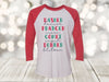 Christmas Reindeer, Dasher, Dancer, Prancer, Vixen, Comet, Cupid, Donner, Blitzen, Next Level Raglan Three Quarter Sleeve, Choice Of Colors