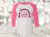 Christmas Raglan, Merry And Bright, Pink Tree, Pink Rainbow, Christmas Rainbow, Plus Sizes Available, Next Level Raglan Three Quarter Sleeve