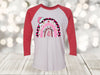 Christmas Raglan, Merry And Bright, Pink Tree, Pink Rainbow, Christmas Rainbow, Plus Sizes Available, Next Level Raglan Three Quarter Sleeve