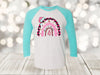 Christmas Raglan, Merry And Bright, Pink Tree, Pink Rainbow, Christmas Rainbow, Plus Sizes Available, Next Level Raglan Three Quarter Sleeve