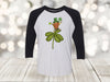 Saint Patrick's Day, Green Gnome On Four Leaf Clover, Shamrock Shirt, Next Level Raglan Three Quarter Sleeve, Plus Sizes Available