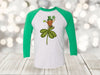 Saint Patrick's Day, Green Gnome On Four Leaf Clover, Shamrock Shirt, Next Level Raglan Three Quarter Sleeve, Plus Sizes Available